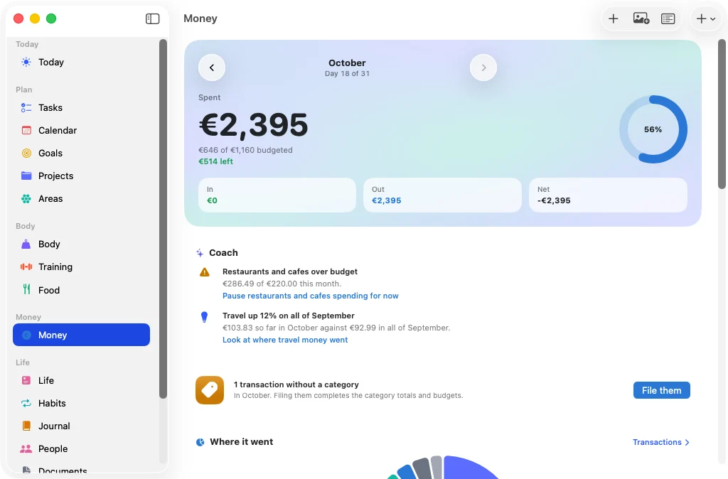 The Life OS window on a Mac, showing Money with the sidebar.