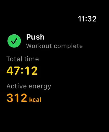 A workout summary on Apple Watch: Push, workout complete, with the total time and active energy.